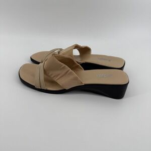 Vintage Y2K Tan Ribbed Fabric Wedge Slide On Stretch Strap Sandals Women Size 9M